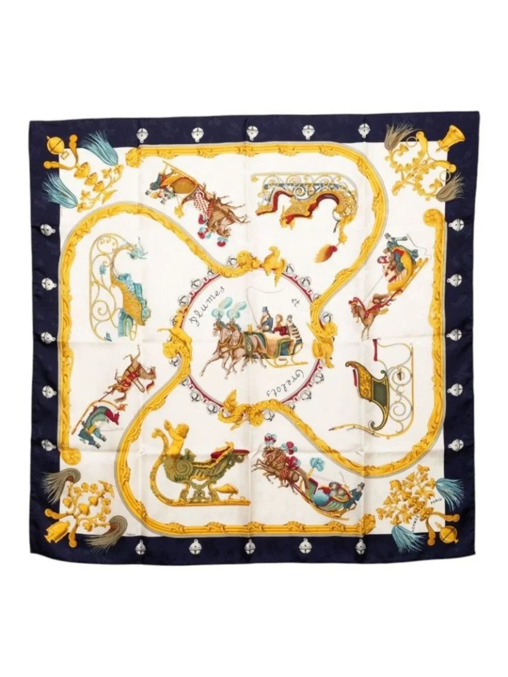 Hermes Carre 90 Plumes Et Grelots Feathers And Bells Scarf Navy White Silk